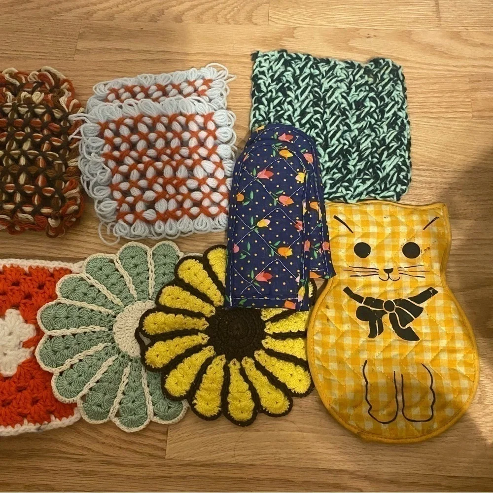 Vintage Pot Holder Bundle Lot MCM Cat Sunflower Flower Crochet Knit Colorful